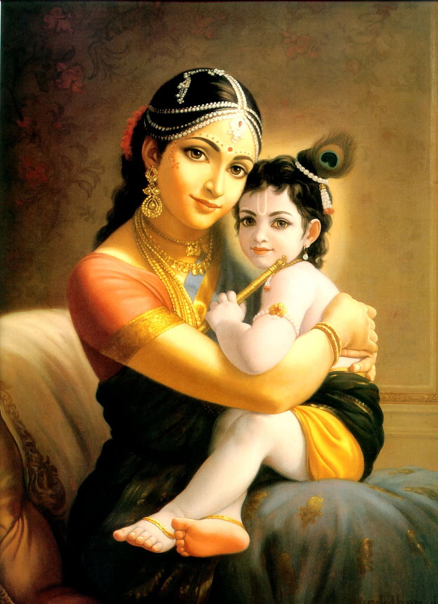 Yashoda and Baby Krishna in a Warm Classical Indian Painting HD phone wallpaper