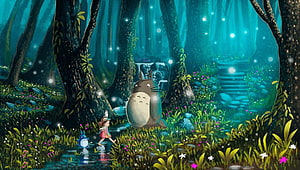 Totoro and Satsuki in a Luminous Forest from My Neighbor Totoro by Studio Ghibli HD wallpaper