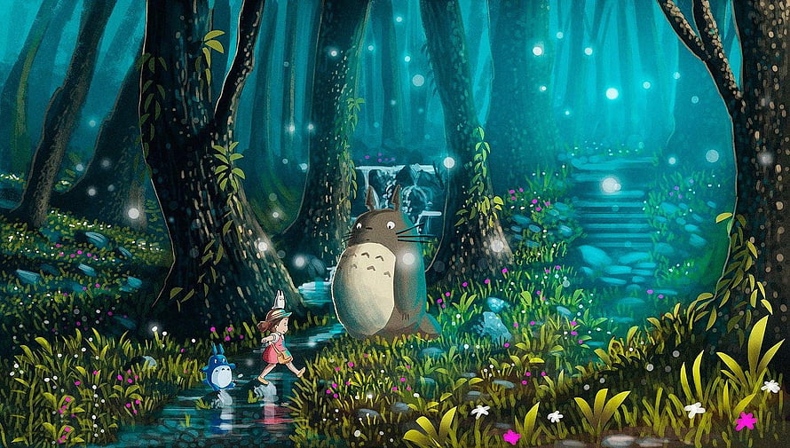 Totoro and Satsuki in a Luminous Forest from My Neighbor Totoro by Studio Ghibli HD wallpaper