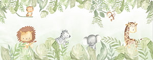 Watercolor Safari Baby Jungle Animals with Lion Zebra Elephant Giraffe and Monkey HD wallpaper