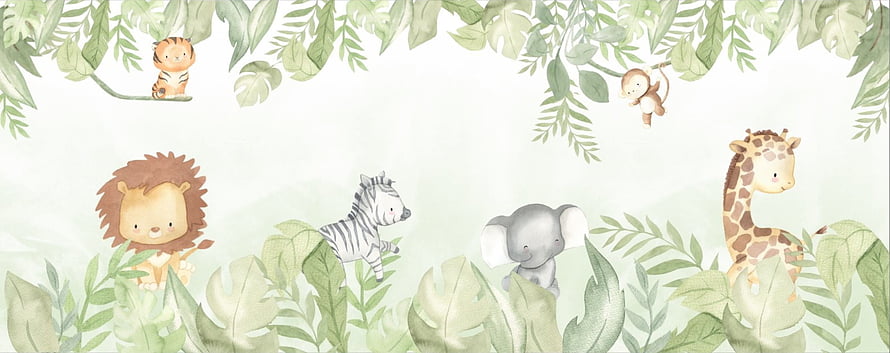 Watercolor Safari Baby Jungle Animals with Lion Zebra Elephant Giraffe and Monkey HD wallpaper