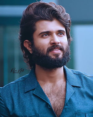 Vijay Deverakonda Portrait in Teal Shirt with Full Beard and Wavy Hair HD phone wallpaper