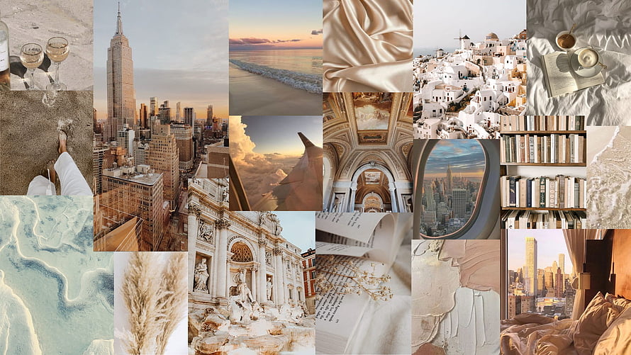 Beige Aesthetic Travel Collage Featuring New York City, Santorini, and Luxury Interiors HD wallpaper
