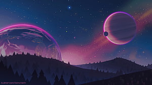 Stylized Alien Landscape with Glowing Planets and Starry Night Sky HD wallpaper