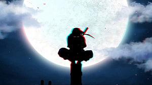 Itachi Uchiha Silhouette Perched on Pillar Against Giant Moon with Glitch Effect HD wallpaper