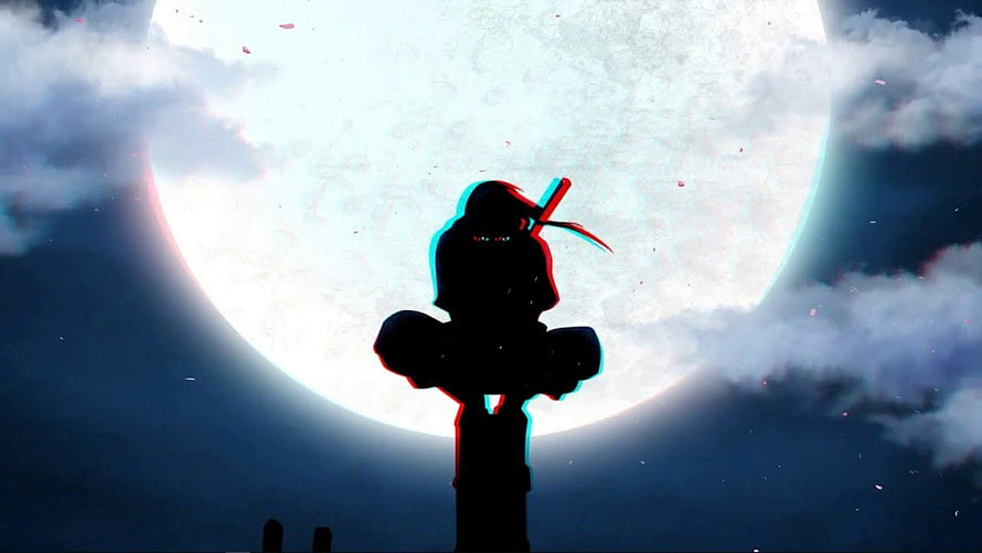 Itachi Uchiha Silhouette Perched on Pillar Against Giant Moon with Glitch Effect HD wallpaper