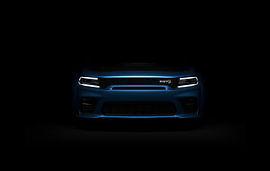 Dodge Charger SRT Hellcat Front View in Deep Blue Against Black Background HD wallpaper