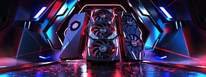 Asus ROG and Tuf Gaming Graphics Cards Displayed in Neon Lit Futuristic Setting HD wallpaper
