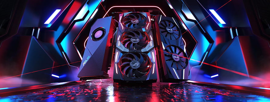 Asus ROG and Tuf Gaming Graphics Cards Displayed in Neon Lit Futuristic Setting HD wallpaper