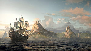 Pirate Galleon Sailing Past Dramatic Rocky Islands in Golden Hour Light HD wallpaper