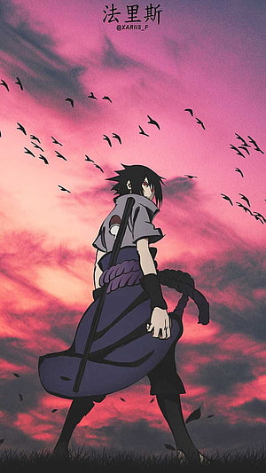 Sasuke Uchiha Standing in a Field Under a Dramatic Pink Sky with Flocking Birds HD phone wallpaper