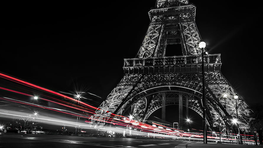 Eiffel Tower at Night with Red Light Trails in Black and White Paris HD wallpaper