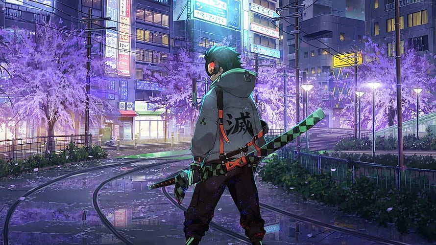 Tanjiro from Demon Slayer in a Neon-Lit Cyberpunk Cityscape with Cherry Blossoms HD wallpaper