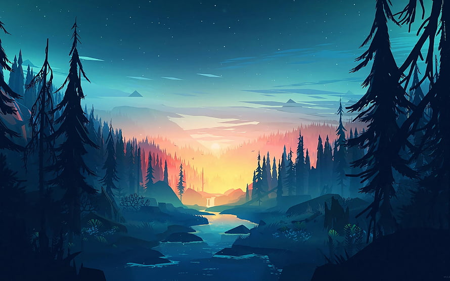 Stylized Flat Vector Landscape of a River Winding Through a Pine Forest at Sunset HD wallpaper