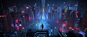 Lone Figure Overlooking Neon-Lit Cyberpunk Metropolis at Night HD wallpaper
