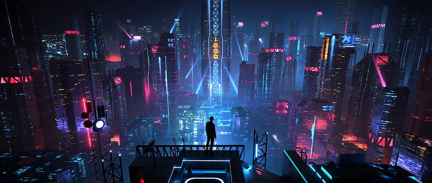Lone Figure Overlooking Neon-Lit Cyberpunk Metropolis at Night HD wallpaper