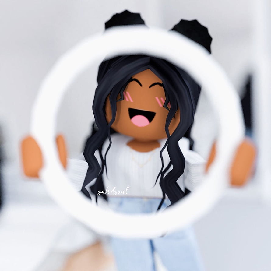 Cheerful Roblox Avatar with Long Black Hair and White Top HD phone wallpaper