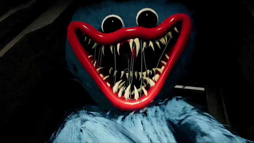 Huggy Wuggy Jumpscare from Poppy Playtime with Glowing Red Mouth and Sharp Teeth HD wallpaper