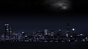 Chicago skyline at night with the Milky Way visible above the lakefront HD wallpaper