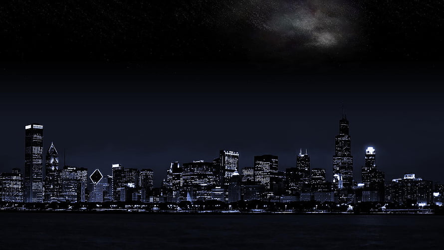 Chicago skyline at night with the Milky Way visible above the lakefront HD wallpaper