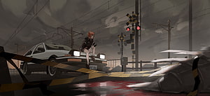 Anime Girl Sitting on a White Toyota AE86 at a Gloomy Railway Crossing HD wallpaper