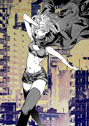 Nanakusa Nazuna Anime Character in Dynamic Action Pose Against Urban Cityscape HD phone wallpaper