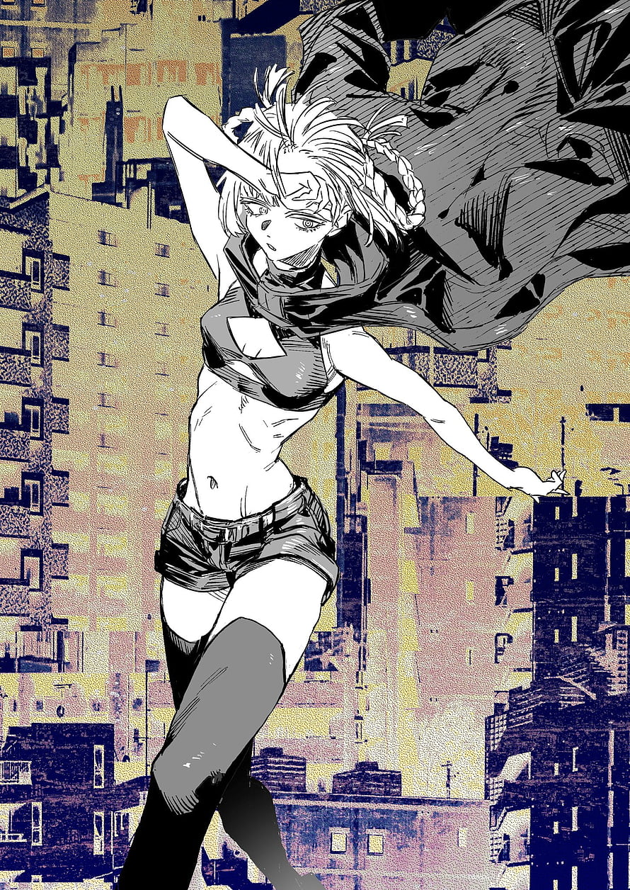 Nanakusa Nazuna Anime Character in Dynamic Action Pose Against Urban Cityscape HD phone wallpaper