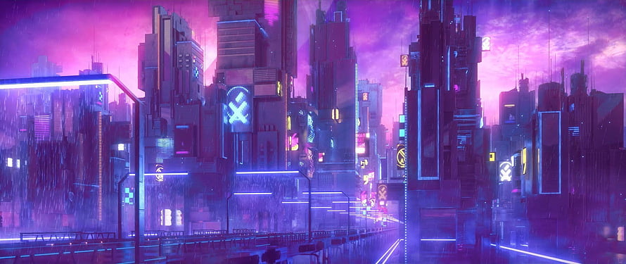 Neon-lit futuristic cityscape in rain with purple and blue synthwave aesthetic HD wallpaper