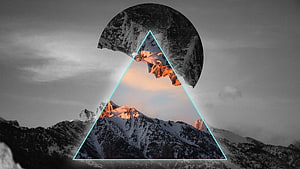 Geometric Mountain Landscape with Triangular Overlay and Snowy Peaks at Sunset HD wallpaper