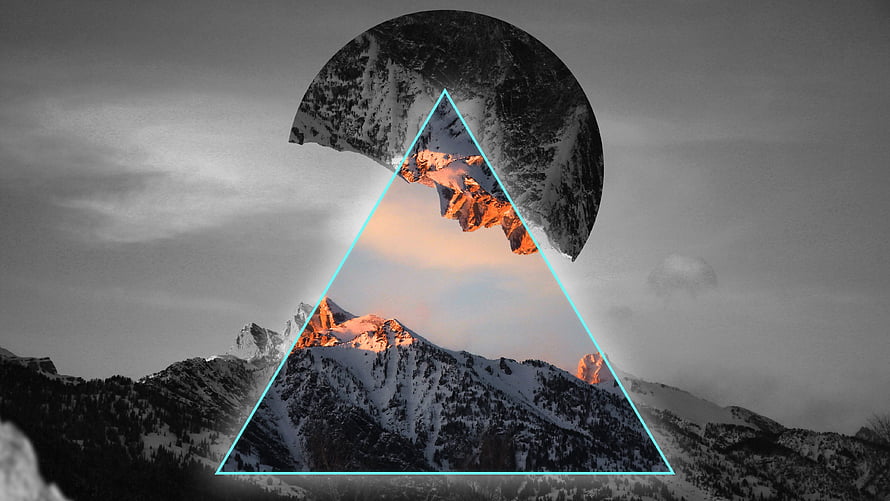 Geometric Mountain Landscape with Triangular Overlay and Snowy Peaks at Sunset HD wallpaper