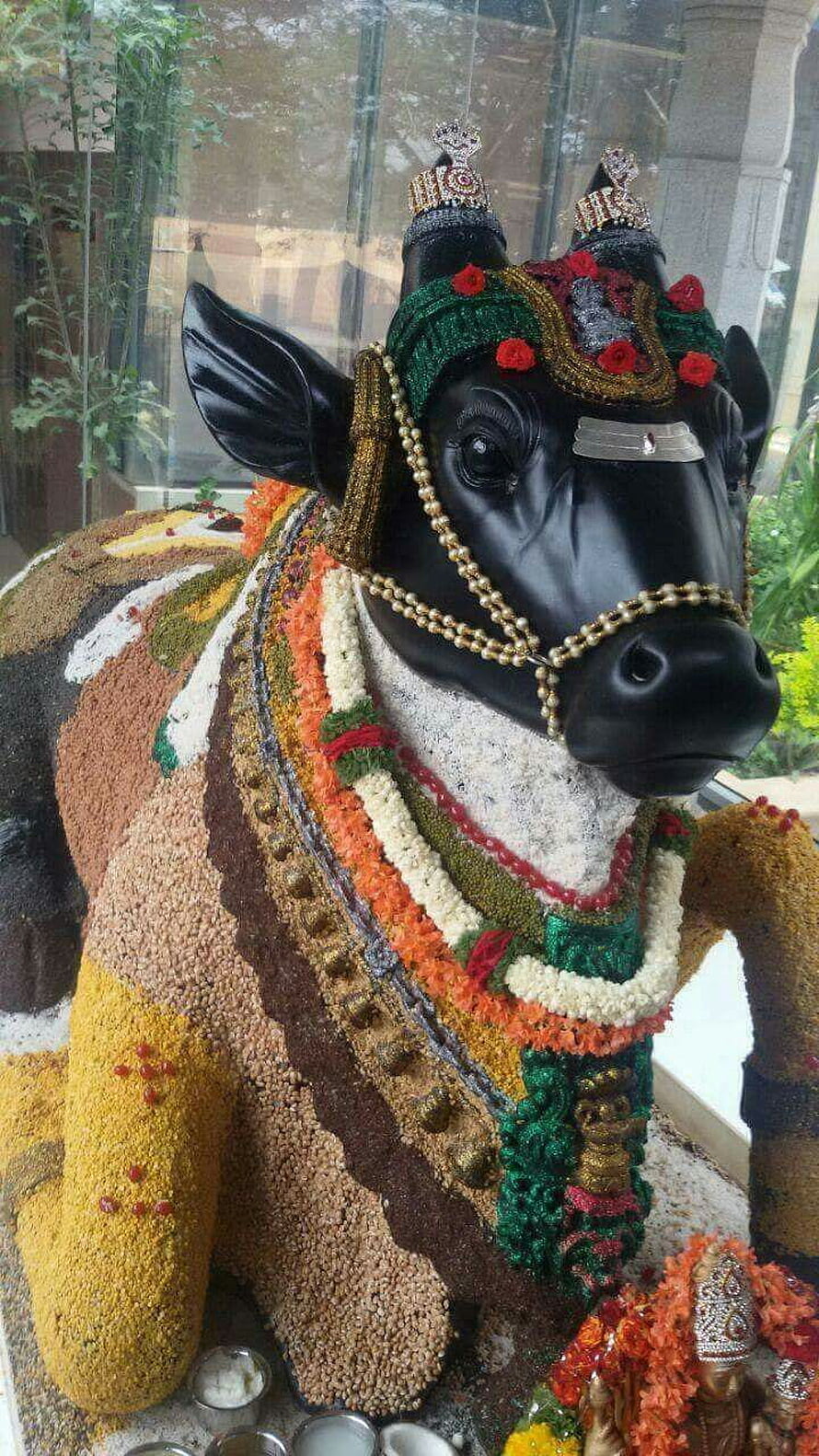 Sri Nandi Ji adorned with vibrant flower garlands and traditional temple decorations HD phone wallpaper