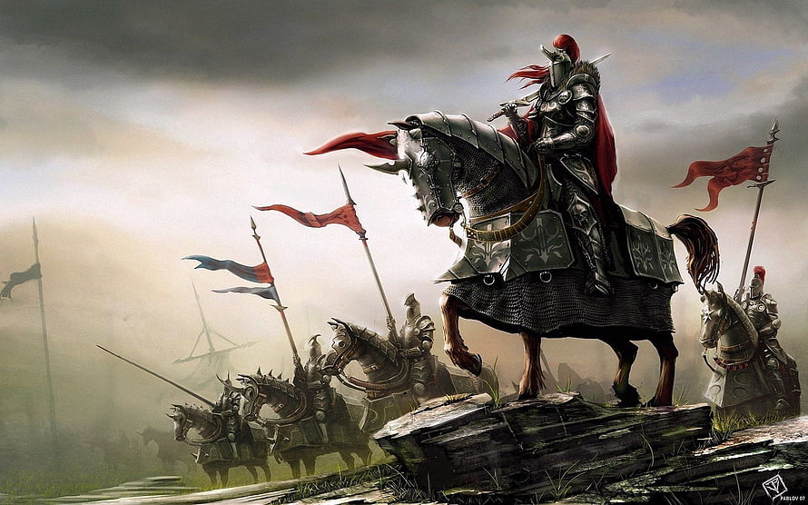 Ottoman Knight on Armored Warhorse Leading Cavalry Charge in Misty Battlefield HD wallpaper