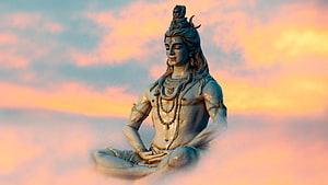 Lord Shiva Meditating in Lotus Pose Against a Serene Sunset Sky HD wallpaper