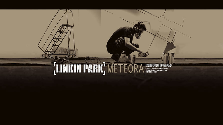 Linkin Park Meteora Album Artwork with Crouching Figure and Industrial Scaffolding HD wallpaper