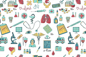 Cute Hand-Drawn Medical Illustration Pattern Featuring Doctors, Anatomy, and Lab Equipment HD wallpaper