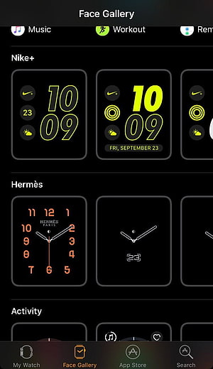 Apple Watch Face Gallery showing Nike and Hermès watch face designs HD phone wallpaper