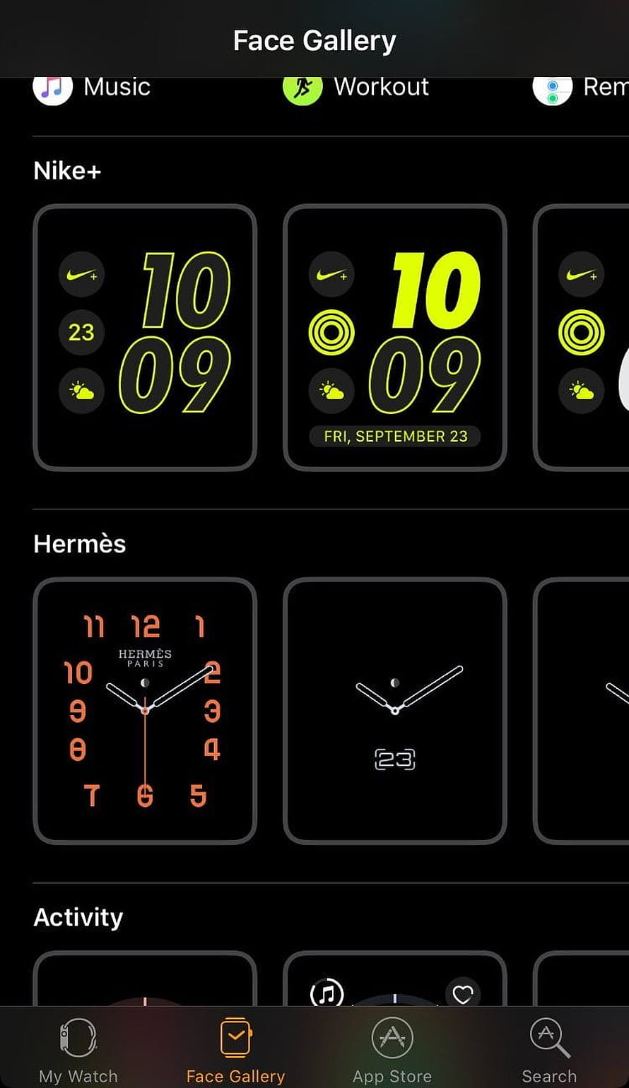 Apple Watch Face Gallery showing Nike and Hermès watch face designs HD phone wallpaper