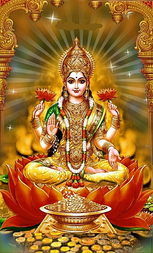 Maa Lakshmi Seated on Lotus with Gold Coins and Divine Radiance HD phone wallpaper