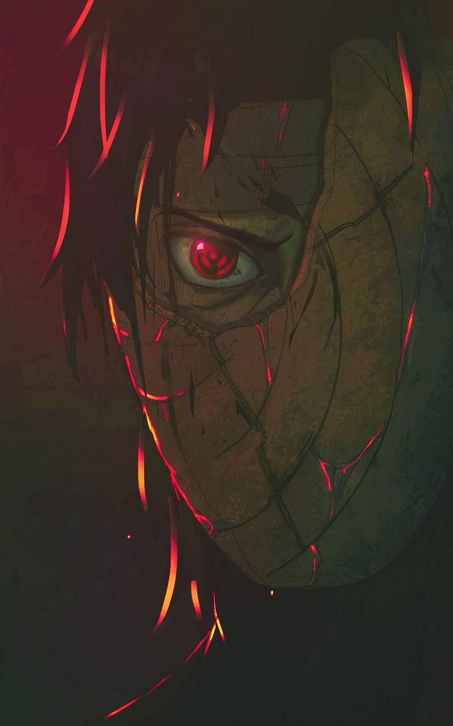 Uchiha Obito Anime Character with Glowing Red Sharingan Eye and Dark Cracked Texture HD phone wallpaper