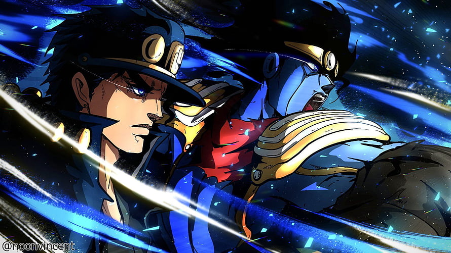 Jotaro Kujo and Star Platinum in Dynamic Blue Anime Action Scene HD wallpaper