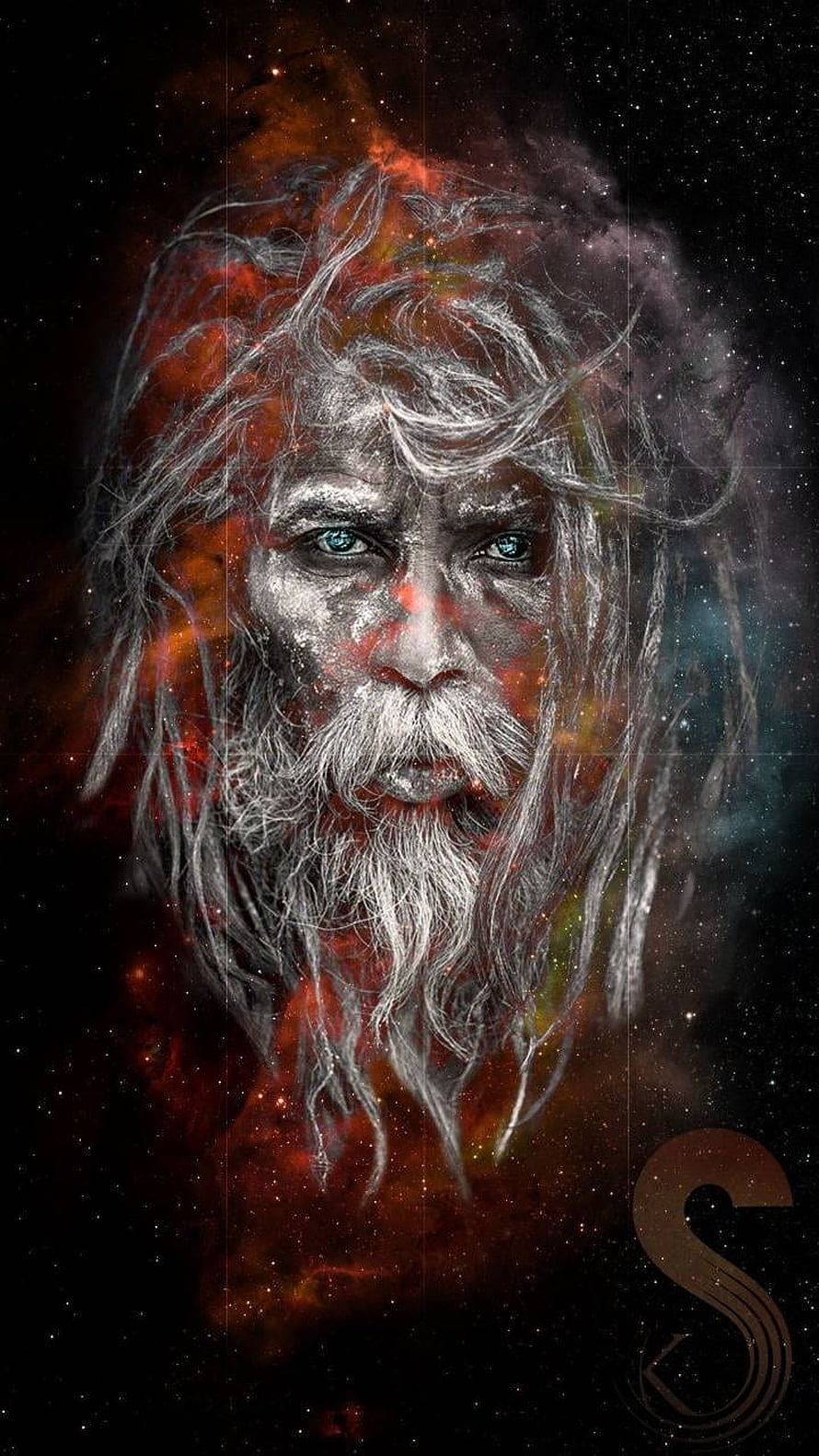 Aghori Sage Portrait with Cosmic Nebula Background and Starry Sky HD phone wallpaper