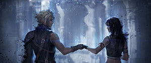 Final Fantasy VII Cloud and Tifa Reaching for Each Other in Ethereal Blue Light HD wallpaper