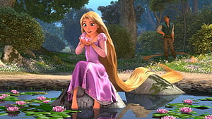 Rapunzel from Tangled sitting on a rock in a pond holding pink water lilies with Flynn Rider in the background HD wallpaper