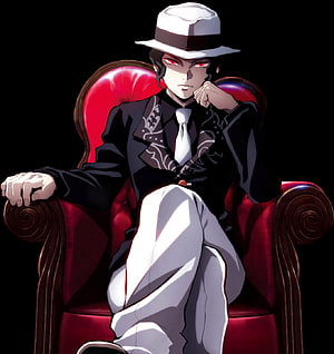 Muzan Kibutsuji from Demon Slayer Seated in a Red Armchair Wearing a White Fedora HD phone wallpaper