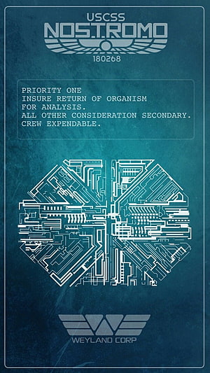 Alien Nostromo Blueprint with Weyland Corp Logo and Priority One Directive HD phone wallpaper