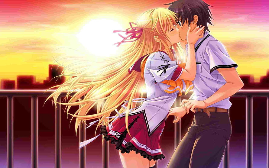 Anime Couple Sharing a Romantic Kiss at Sunset on a Rooftop HD wallpaper