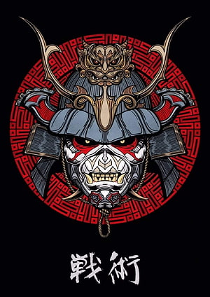 Fierce Samurai Warrior Helmet with Oni Mask and Red Geometric Pattern HD phone wallpaper