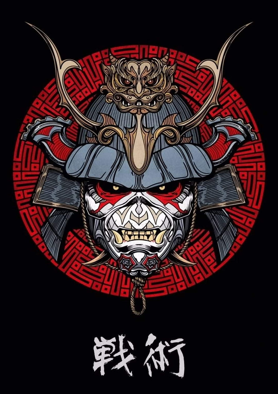 Fierce Samurai Warrior Helmet with Oni Mask and Red Geometric Pattern HD phone wallpaper