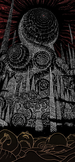 Junji Ito Style Spiral Horror Illustration with Dark Red Sky and Gold Outlines HD phone wallpaper