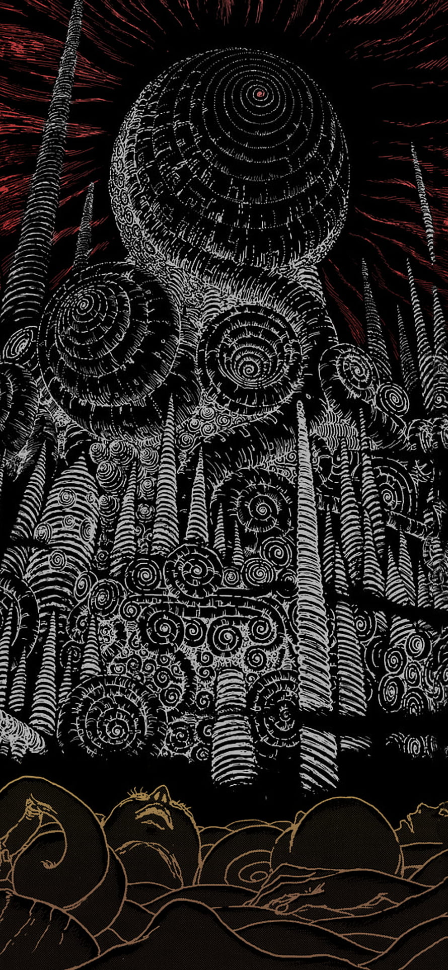 Junji Ito Style Spiral Horror Illustration with Dark Red Sky and Gold Outlines HD phone wallpaper